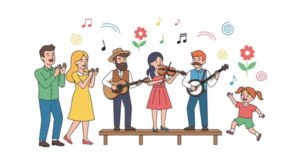 Cartoon illustration of a folk music band performing with a child dancing. © il