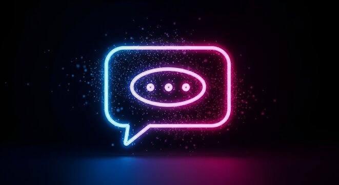 A neon speech bubble with three dots inside over a dark background with blue and pink lighting