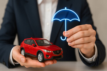 Businessman holding red car model with glowing umbrella icon, car insurance protection concept, vehicle safety coverage illustration, auto risk management service, financial security assurance idea, b