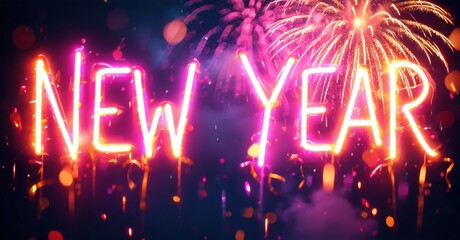 Bright neon text spells New Year against fireworks, confetti. Festive celebration imagery dominates dark background.