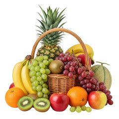 Abundant fresh fruit basket overflowing with tropical and orchard favorites isolated on transparent background