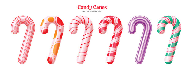 Bright collection of candy canes in striped, dotted, and colorful patterns. Perfect for Christmas cards,