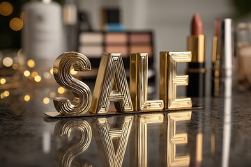Golden sale sign with makeup and beauty products on reflective surface