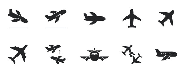 Airplane Travel Flight Takeoff Landing and Transportation Solid Icon Set. Aviation Journey Airline Departure Arrival Elements Silhouette Symbol Collection. Isolated Vector Illustration