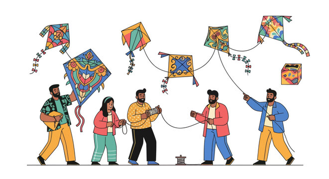 Illustrated group of diverse people celebrating a festival by flying colorful patterned kites.
