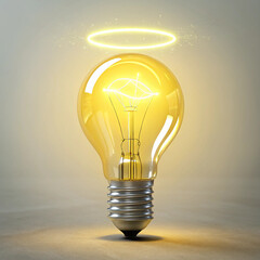Illuminated Creative Light Bulb with Cosmic Glow and Golden Halo on Minimalist Background