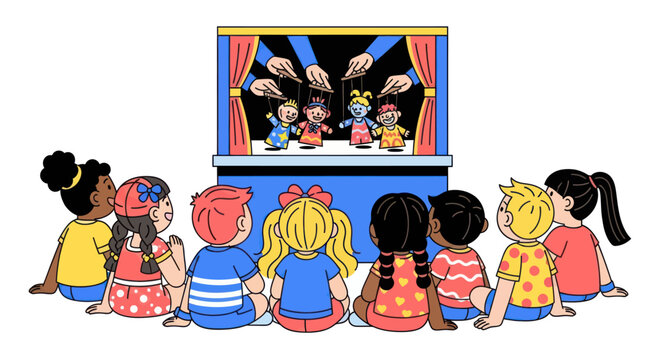 Diverse children watching a vibrant puppet show performance with colorful puppets.