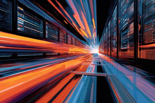 An abstract digital image featuring streaks of light racing down a corridor of server racks - Powered by Adobe