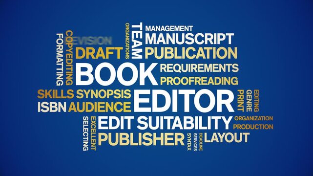Book Editor animated word cloud-text design animation tag kinetic typography seamless loop.
