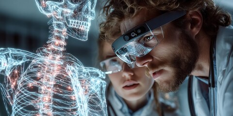 Scientists using augmented reality glasses to examine a glowing 3D holographic skeleton model 