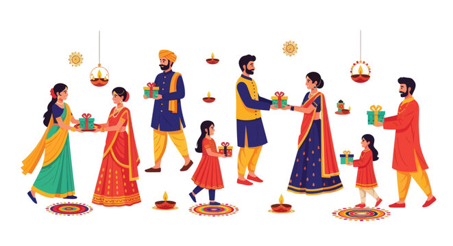 Diverse Indian families celebrating festival exchanging gifts and sweets in traditional attire illustration.