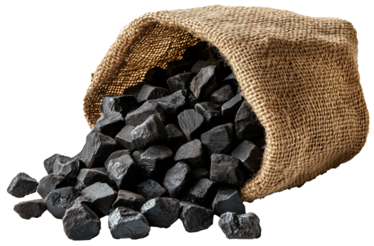 Sack with large coal chunks spilling out, isolated on a transparent background.