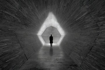 A lone figure stands centered in a geometric space, illuminated by an apex of light