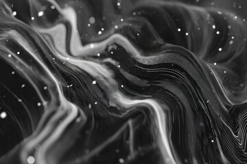 A monochromatic, abstract, swirling pattern with light and dark gradients and tiny bright flecks