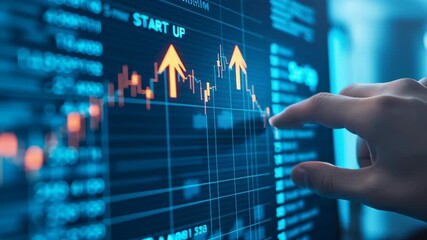Financial chart with orange candlestick graph and hand pointing upward trend symbolizing business growth investment success digital market analysis startup concept rising financial graph showing - Powered by Adobe