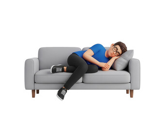 Man sleeping on sofa isolated on transparent background for relaxation and leisure time concept