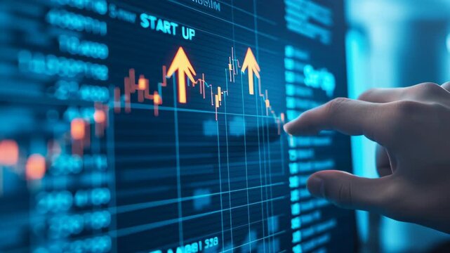 Financial chart with orange candlestick graph and hand pointing upward trend symbolizing business growth investment success digital market analysis startup concept rising financial graph showing