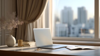 Cozy workspace with laptop and window view of city buildings.