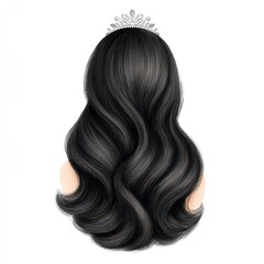 Fototapeta premium an illustration of a woman's head with long, wavy, dark hair adorned with a sparkling tiara. The elegant hairstyle conveys grace and royalty. The image shows a back view.