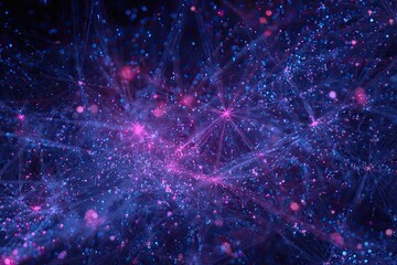 An abstract, deep blue and purple image with connected dots and bursts of light