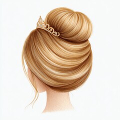 a stylish updo hairstyle, adorned with a delicate tiara. The woman's back is turned to the viewer, showcasing the elegant updo hairstyle. This image may evoke feelings of beauty, grace.