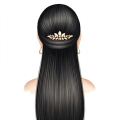 a stunning illustration of a woman with long, flowing black hair, a golden hair accessory, and delicate earrings