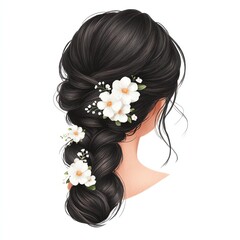 a beautiful hairstyle with braid, adorned with delicate white flowers