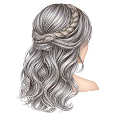 Illustration of elegant grey hair braided in a delicate style. This illustration showcases the beauty and intricate details of the hairstyle