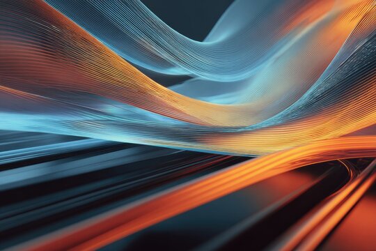 Dynamic abstract composition featuring flowing ribbons of light and color, gradient backdrop