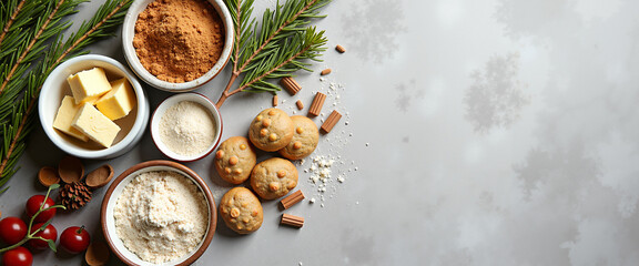 Ingredients for holiday baking arranged with cookies and spices  