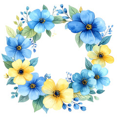 Floral Wreath with Watercolor Blue and Yellow Flowers on Transparent Background,clipart, cut out, no background ,PNG die-cut for advertising