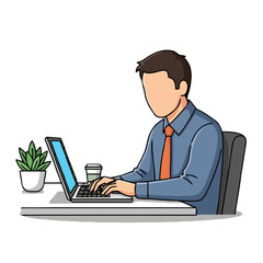Man in shirt and tie working on laptop at desk with plant and coffee cup
