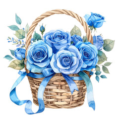 Floral Arrangement With Blue Roses in a Wicker Basket on Transparent Background,clipart, cut out, no background ,PNG die-cut for advertising