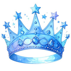 Watercolor Blue Crown with Star Toppers and Jewel Embellishments on Transparent Backdrop,clipart, cut out, no background ,PNG die-cut for advertising