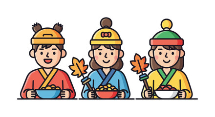 Three Cartoon Children in Traditional Korean Hanbok Holding Autumn Leaves and Food Bowls.