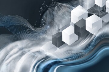 Abstract digital design features 3D cubes against wavy textures in shades of blue and gray