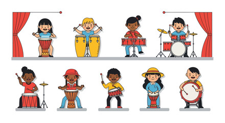 Cartoon Children Playing Musical Instruments on Stage.
