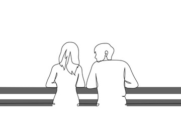 woman and a man standing with their forearms on a railing, the man looking at the woman, viewed from behind - one line art vector. Concept: friends, lovers, or siblings conversing.