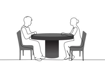 man and a woman sitting at a round empty table opposite each other - one line art vector. Concept blind date, job interview, business meeting