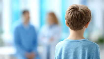 Young boy facing blurred figures in a medical setting.