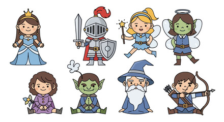 Collection of whimsical fantasy characters including a princess knight fairy angel wizard archer and goblins.