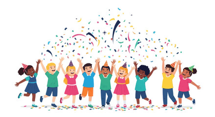 Happy Diverse Children Celebrating with Colorful Confetti and Party Hats.