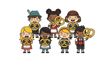A diverse group of happy cartoon children in traditional German outfits holding pretzels.