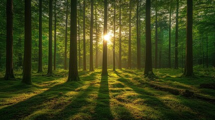 Experience the serene beauty of a sun-drenched forest, perfect for conveying tranquility, nature's power, and the magic of light filtering through towering trees in your next creative project