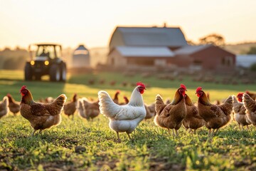 Chickens foraging in a rural setting at sunrise.