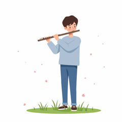 Flat Illustration of Young Boy Playing Woodwind Flute Musical Instrument