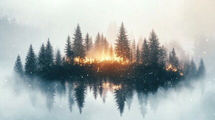 Stunning forest landscape with ethereal light filtering through the trees and reflecting on water, creating a magical and serene atmosphere perfect for nature and wellness brands