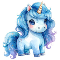 Watercolor Illustration of a Blue Unicorn with Sparkling Mane and Horn Against a Transparent,clipart, cut out, no background ,PNG die-cut for advertising
