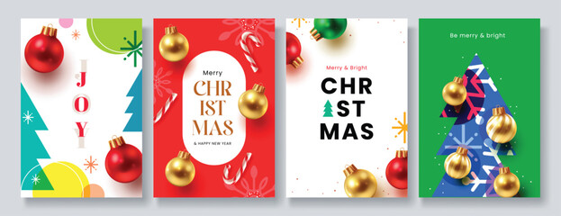 Modern Christmas greeting card collection with playful typography, ornaments, and bold festive colors.
