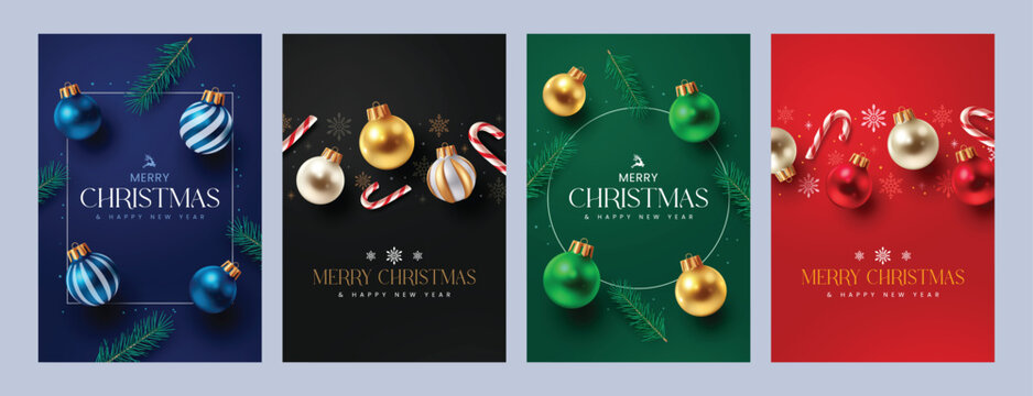 Set of elegant Christmas greeting card designs in blue, black, green, and red themes with baubles and pine leaves.